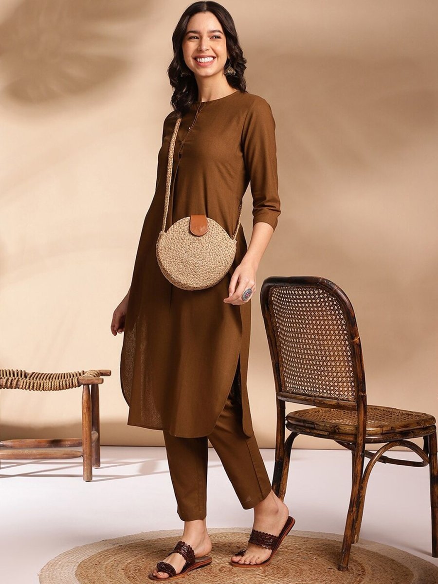 Anouk Olive Round Neck Straight Curved Pleated Kurta With Trouser - Distacart