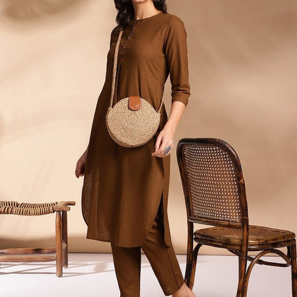 Anouk Olive Round Neck Straight Curved Pleated Kurta With Trouser - Distacart