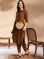 Thumbnail for Anouk Olive Round Neck Straight Curved Pleated Kurta With Trouser