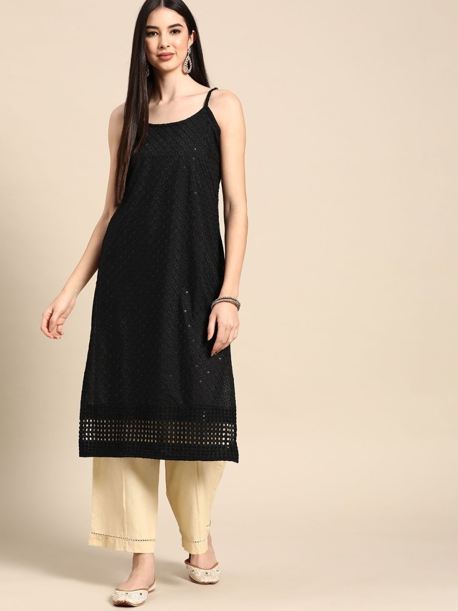 Anouk Women Black Cotton Ethnic Motifs Schiffli Embroidered Fusion Kurta - Distacart