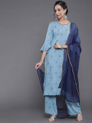 Aks Floral Printed Straight Kurta & Palazzos With Dupatta - Distacart