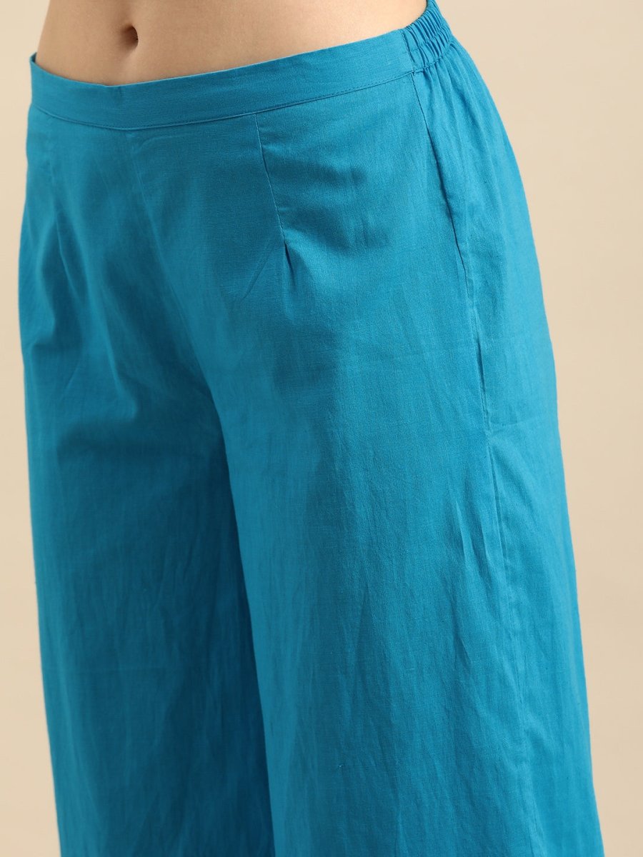 Anouk Women Blue & White Printed Pleated Pure Cotton Kurti with Trousers - Distacart