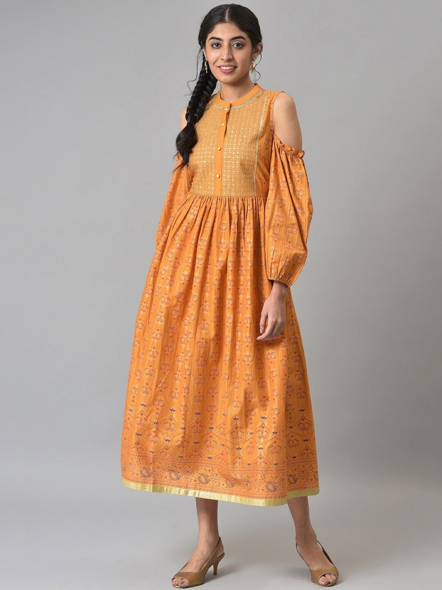 AURELIA Yellow Ethnic Motifs A-Line Midi Dress