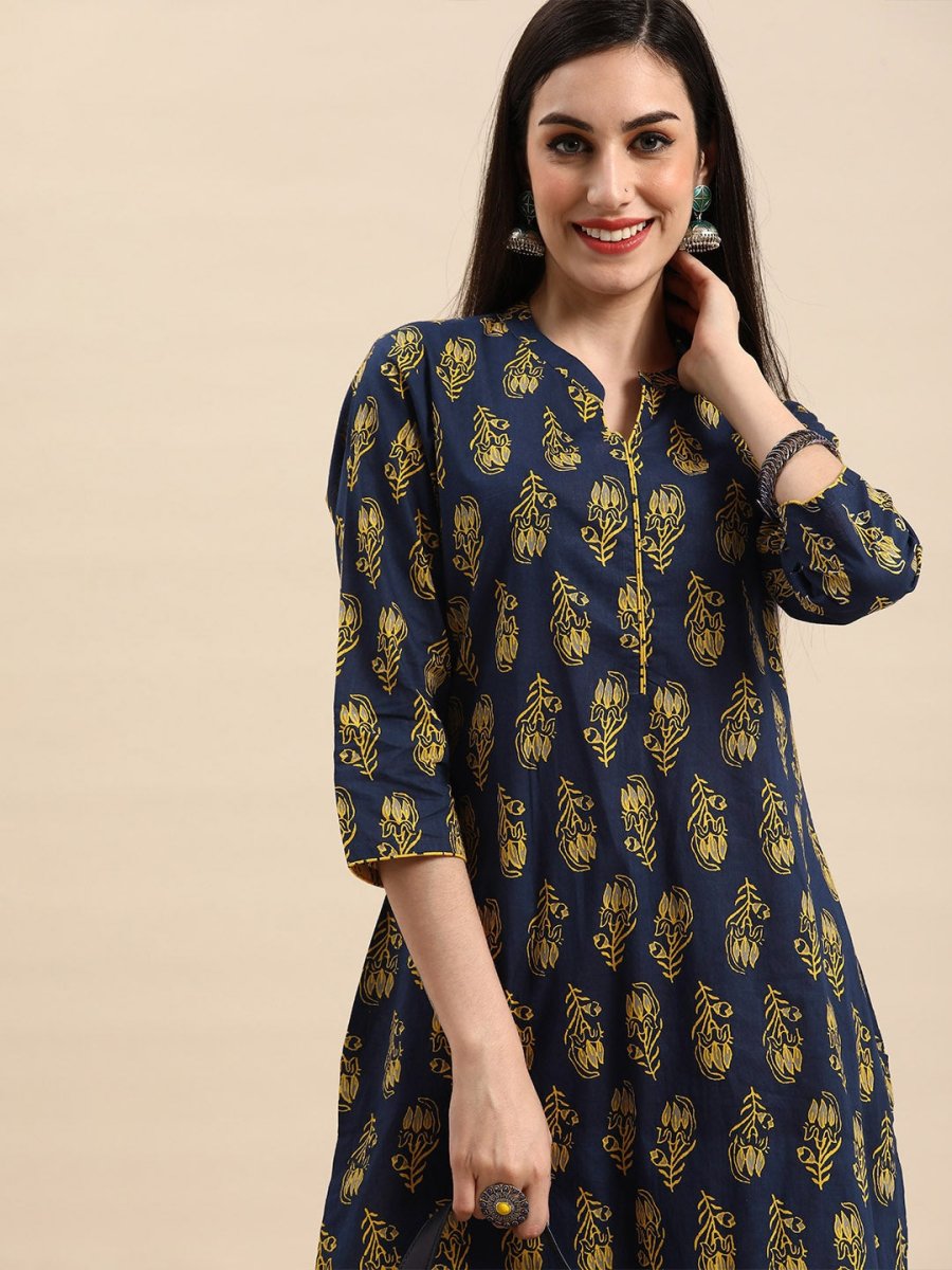 Anouk Women Navy Blue & Mustard Yellow Pure Cotton Floral Printed Kurta with Palazzos - Distacart