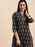 Thumbnail for Anouk Women Navy Blue & Mustard Yellow Pure Cotton Floral Printed Kurta with Palazzos - Distacart