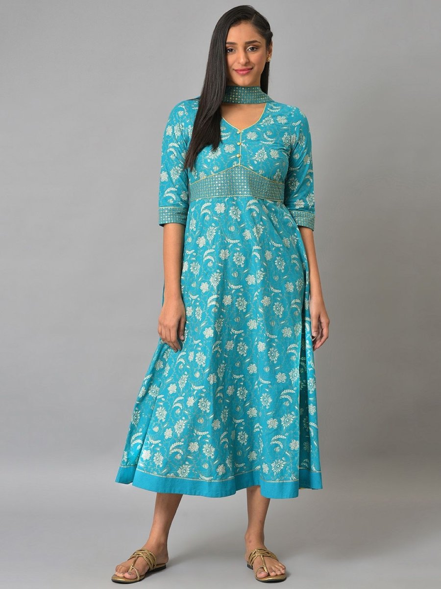 AURELIA Floral Print Ethnic A-Line Midi Dress With Dupatta - Distacart