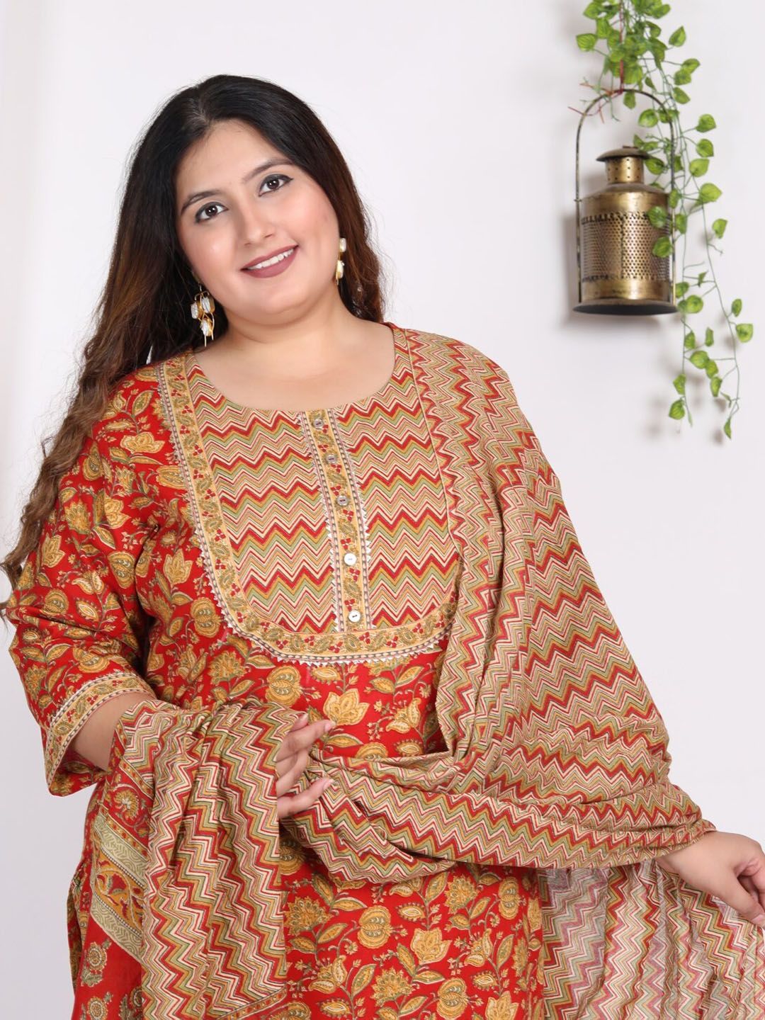 Swasti Plus Size Floral Printed Gotta Patti Pure Cotton Kurta With Trousers & Dupatta - Distacart