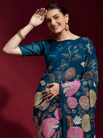 Thumbnail for Anouk Teal Blue & Pink Floral Embroidered Sequinned Pure Georgette Saree - Distacart