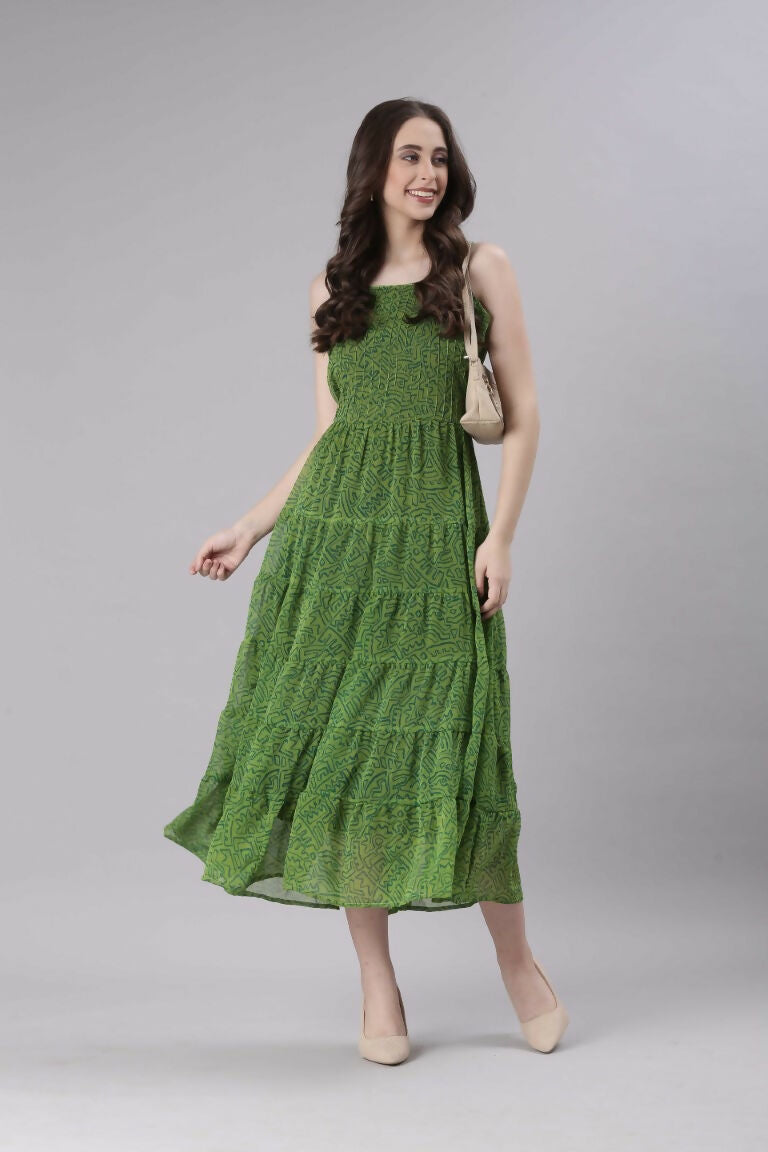 Souchii Green Varlie Printed Tiered Dress – Flowy Fit & Flare