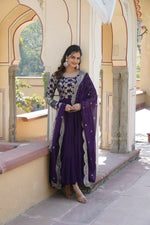 Thumbnail for Aastha Fashion Women's Purple Faux Georgette Jacquard with Sequins Embroidered Anarkali Dress with Dupatta - Distacart