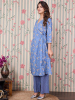 Thumbnail for Ode by House of Pataudi Floral Printed Angrakha Gotta Patti Pure Cotton Kurta Set - Distacart