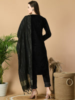 Thumbnail for Sangria Black V-Neck Regular Velvet Kurta with Trousers & Dupatta