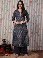 Thumbnail for Ode by House of Pataudi Floral Printed Regular Pure Cotton A-Line Kurta With Trousers - Distacart