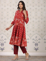 Thumbnail for Ode by House of Pataudi Ethnic Motifs Printed Bell Sleeves A-Line Cotton Kurta - Distacart