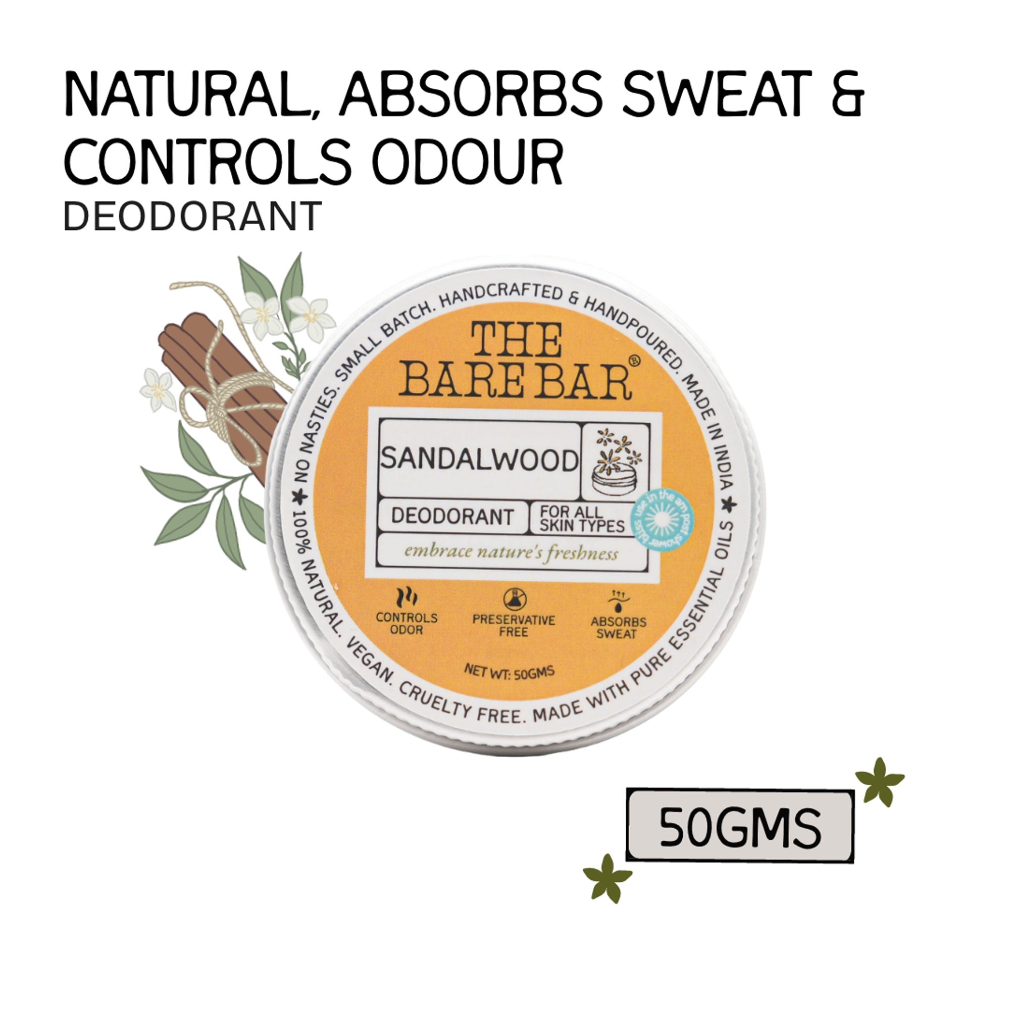 The Bare Bar Sandalwood Pushup Deodorant - Woody stick deo for odor control, easy travel use - 50g