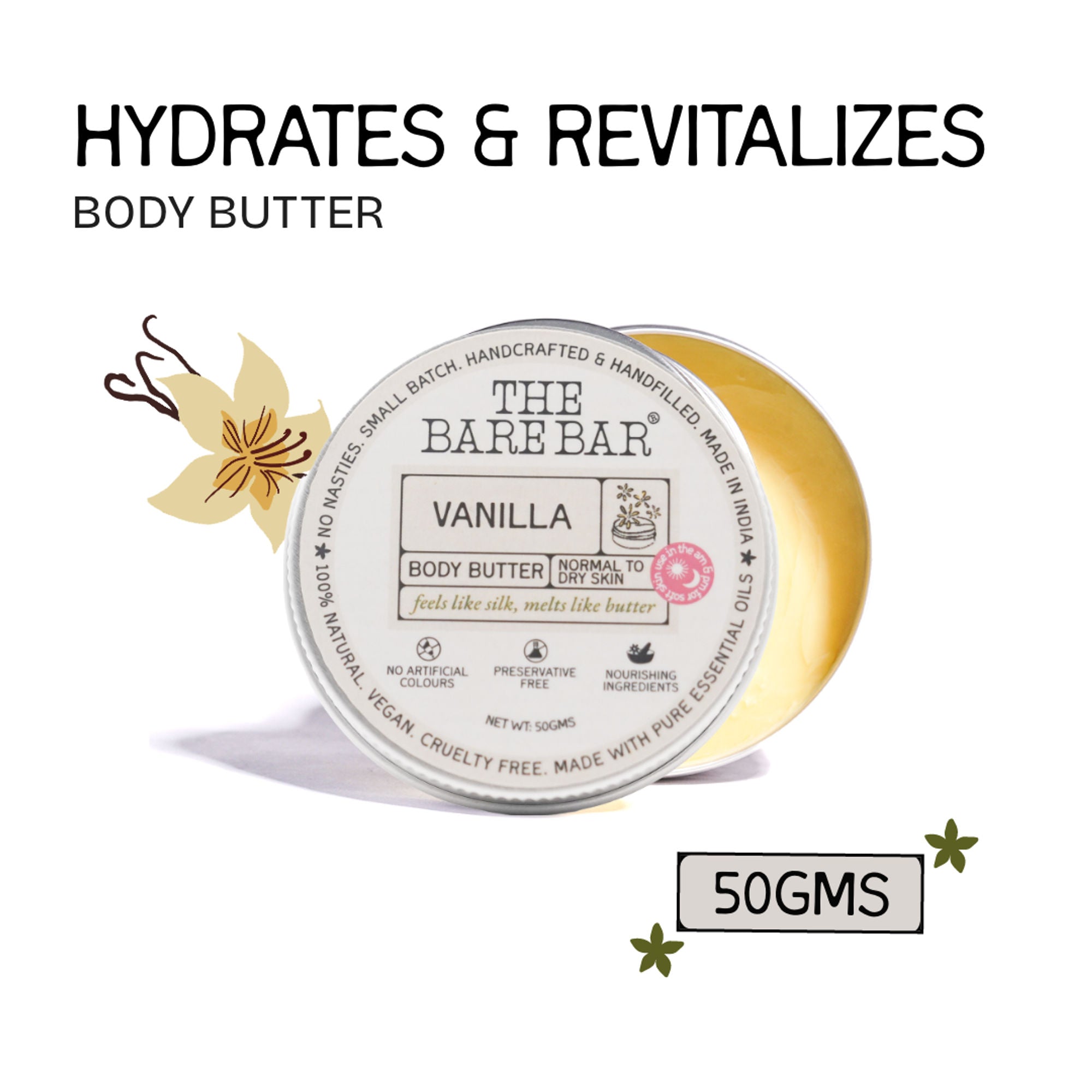 The Bare Bar Vanilla Body Butter - Deeply moisturizing vanilla cream with natural butters - 50g