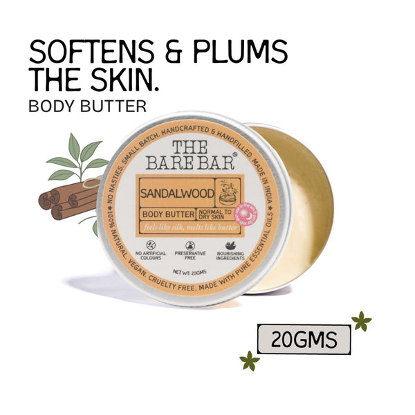 The Bare Bar Sandalwood Body Butter - Nourishing woody butter with shea, mango, Vit E - 20g