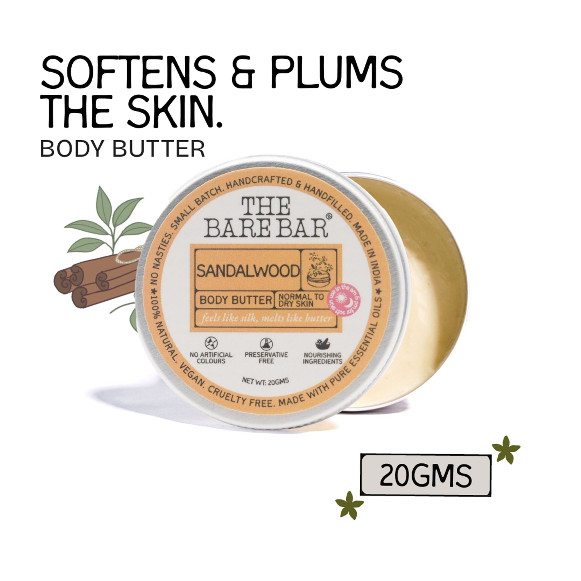 The Bare Bar Sandalwood Body Butter - Nourishing woody butter with shea, mango, Vit E - 20g