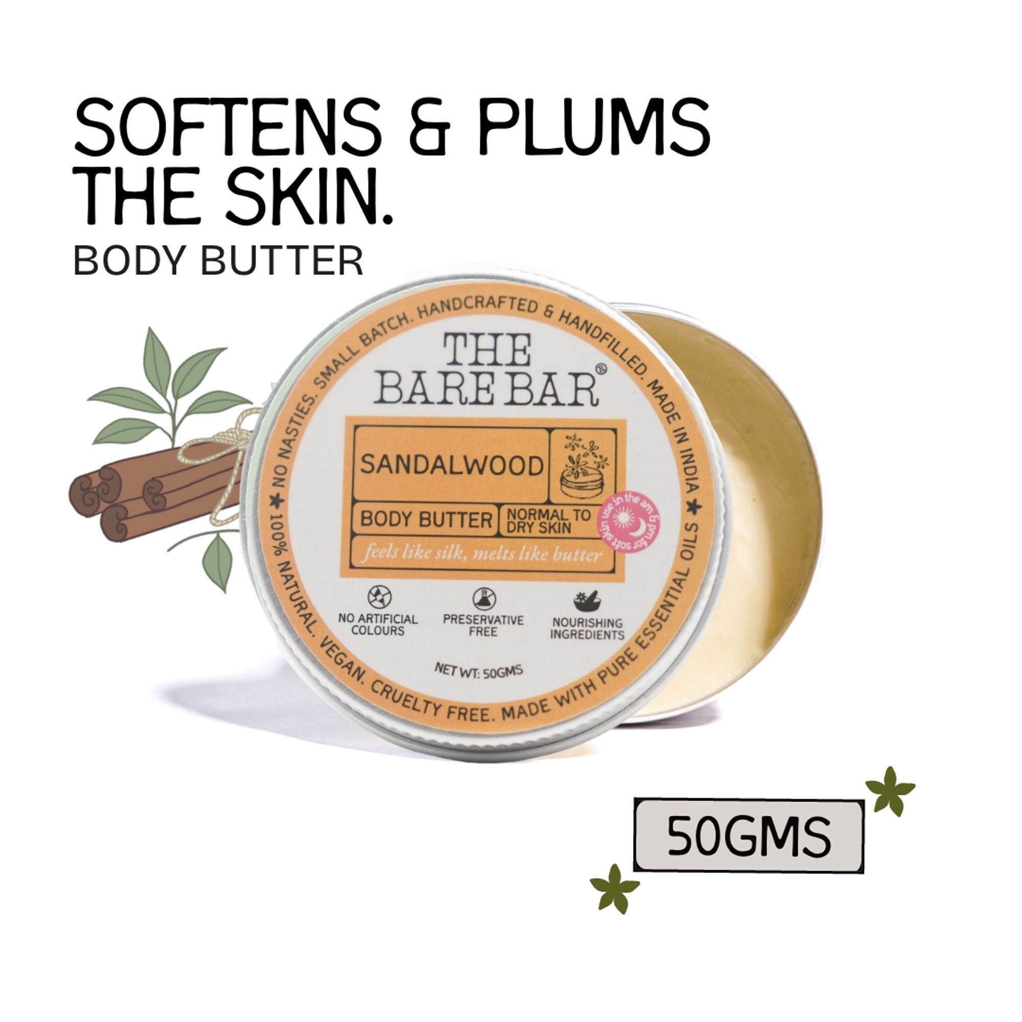 The Bare Bar Sandalwood Body Butter - Nourishing woody butter with shea, mango, Vit E - 50g