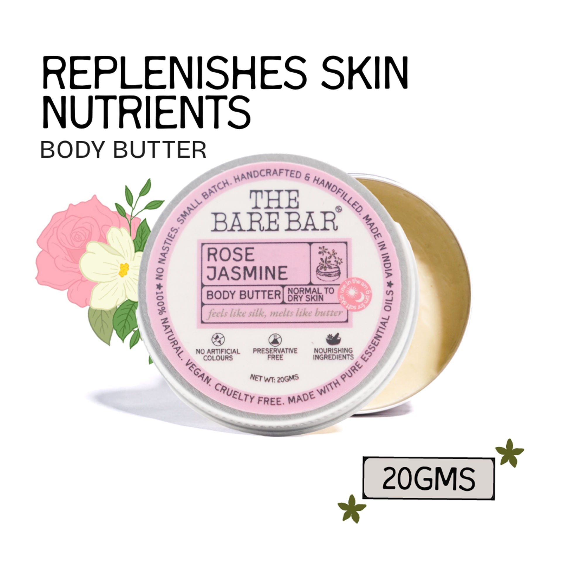 The Bare Bar Rose Jasmine Body Butter - Floral butter blend for soft, hydrated skin - 20g