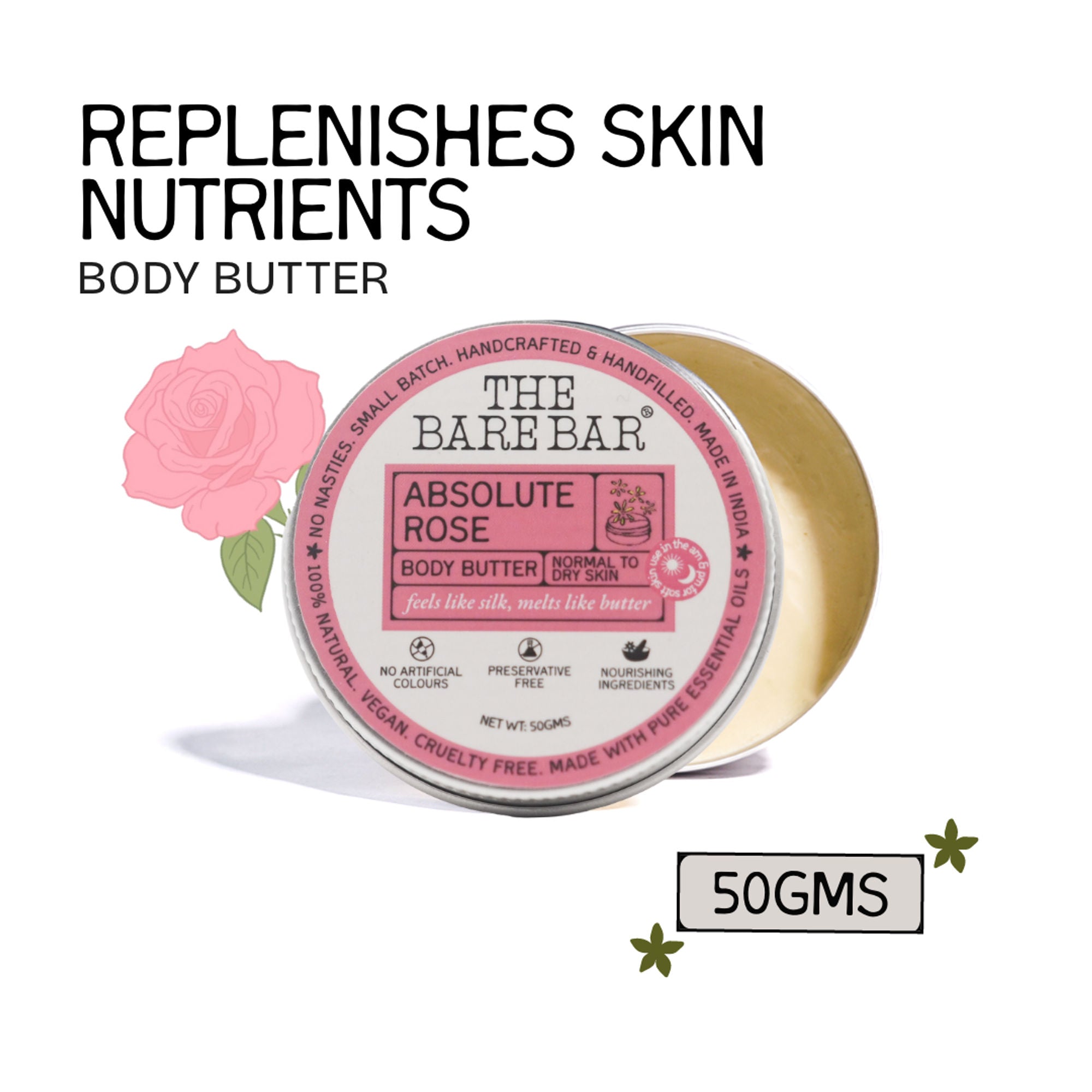 The Bare Bar Absolute Rose Body Butter - Rose-scented moisturizer with clean, rich formula - 50g