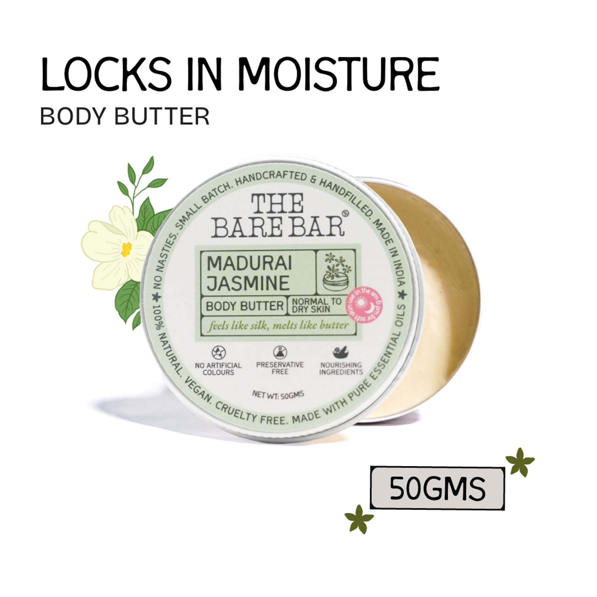 The Bare Bar Madurai Jasmine Body Butter - Floral moisturizer for smooth, radiant skin - 50g