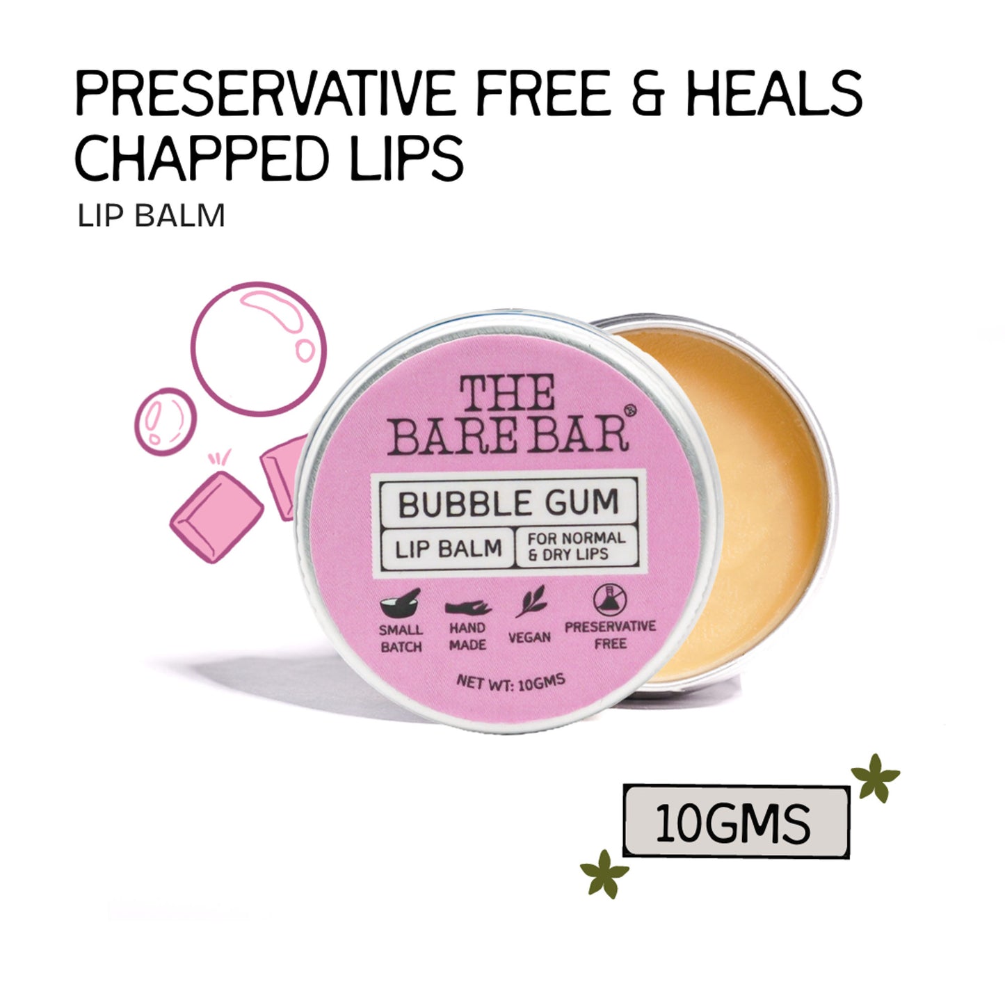 The Bare Bar Berry Blast Lip Balm - Buttery Moisture for Pigmented, Dry Lips - Bubble Gum