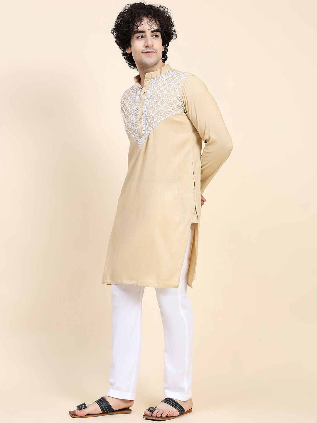 HOUSE OF KARI Ethnic Motifs Yoke Design Mandarin Collar Chikankari Pure Cotton Kurta - Distacart