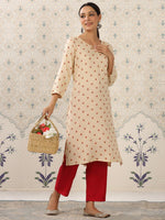 Thumbnail for Ode by House of Pataudi Cream-Coloured & Red Printed Notched Neck Kurta With Palazzos - Distacart