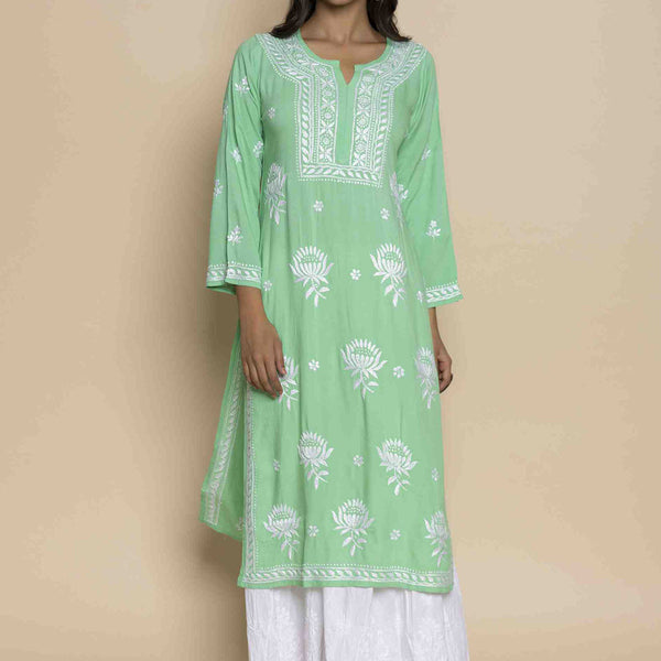 HOUSE OF KARI Floral Embroidered Chikankari Straight Kurta - Distacart
