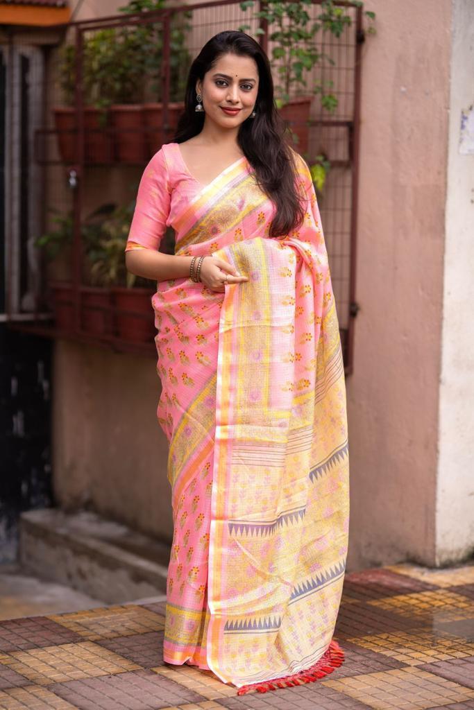 Pink Silk Blend Geometric Saree with Unstitched Blouse - A2M - Distacart