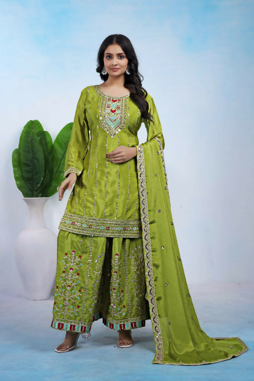 Joban Fashion Green Silk Embroidered Sharara Set - Distacart