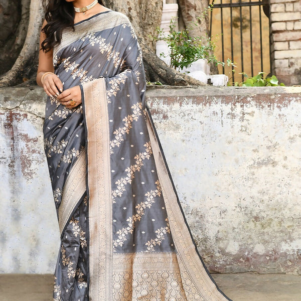 Joban Fashion Silver Grey Pure Katan Pure Handloom Banarasi Silk Saree