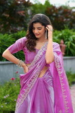 Thumbnail for Vastranavya Light Pink Embroidery Work Shimmer Chiffon Saree with Unstitched Blouse