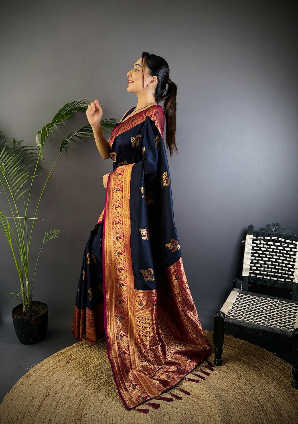 Joban Fashion Banarasi Navy Blue Woven Soft Silk Saree