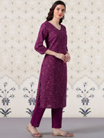 Thumbnail for Ode by House of Pataudi V-Neck Floral Printed Kurta With Trousers - Distacart