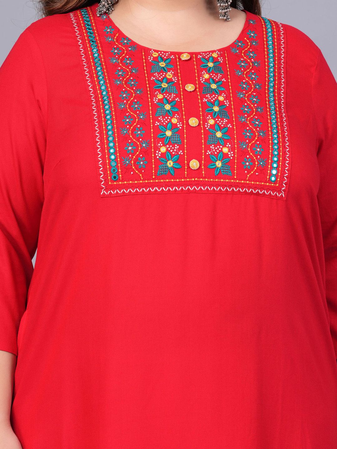 Sztori Plus Size Embroidered Yoke Design Round Neck Three-Quarter Sleeves Straight Kurta - Distacart