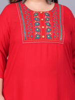 Thumbnail for Sztori Plus Size Embroidered Yoke Design Round Neck Three-Quarter Sleeves Straight Kurta - Distacart