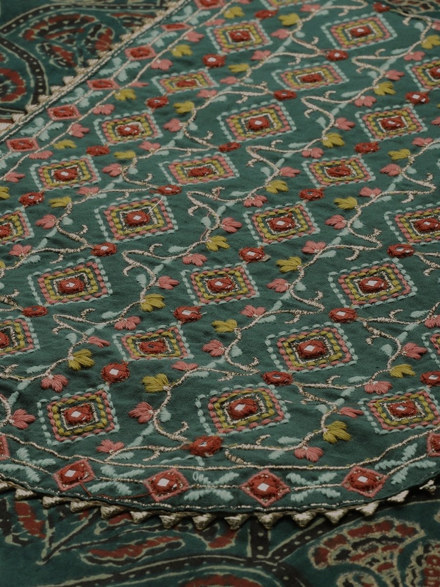 Anouk Green & Rust Red Ethnic Ajrakh Embroidered Cotton Straight Kurta Trousers Dupatta - Distacart