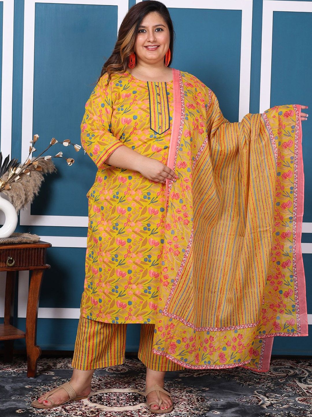 Swasti Plus Size Floral Printed Pure Cotton Straight Kurta with Palazzos & With Dupatta - Distacart