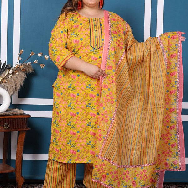 Swasti Plus Size Floral Printed Pure Cotton Straight Kurta with Palazzos & With Dupatta - Distacart
