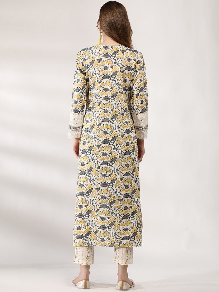 Anouk Floral Printed Regular Thread Work Pure Cotton Kurta With Trousers & Dupatta
