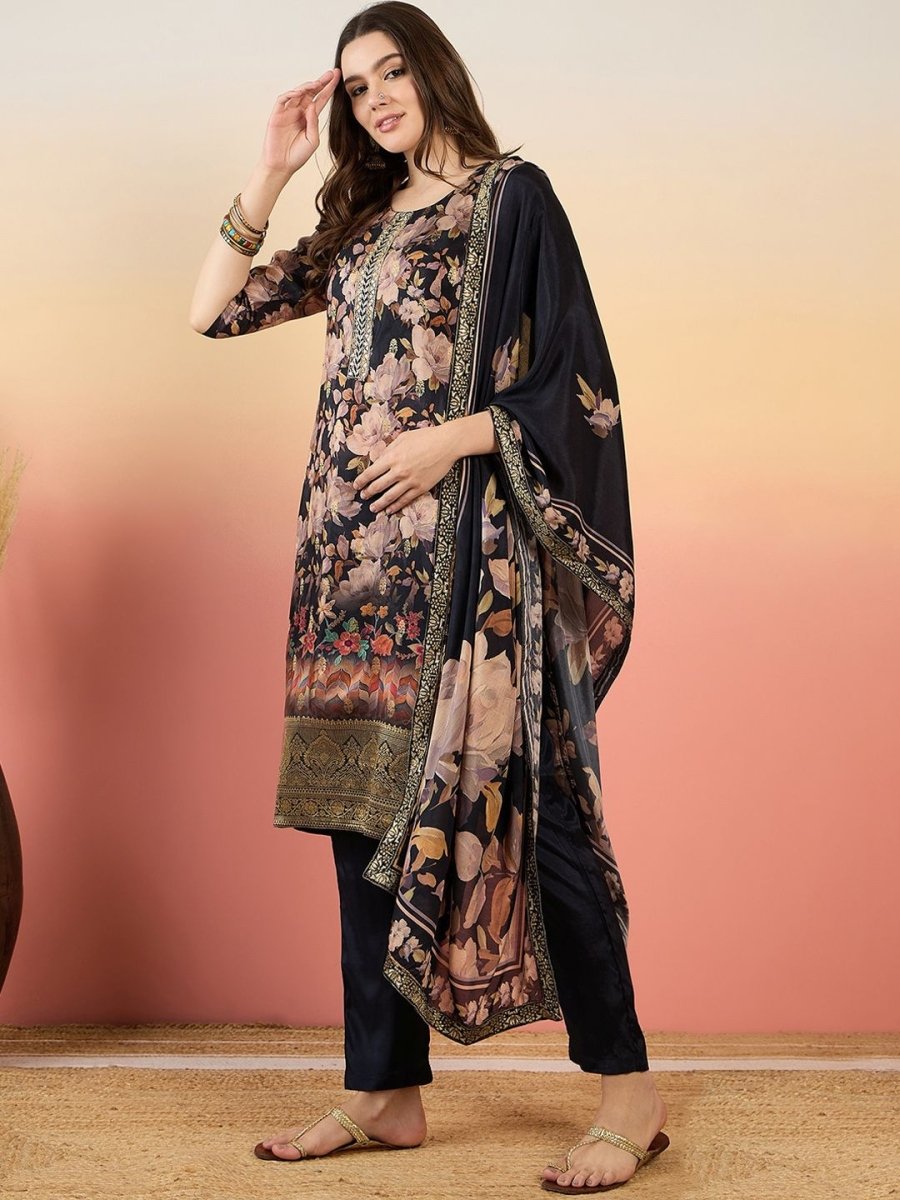 Anouk Floral Embroidered Straight Zari Pure Silk Kurta with Trousers & Dupatta