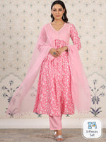 Thumbnail for Ode by House of Pataudi Floral Printed Empire Pure Cotton Kurta with Pyjamas & Dupatta