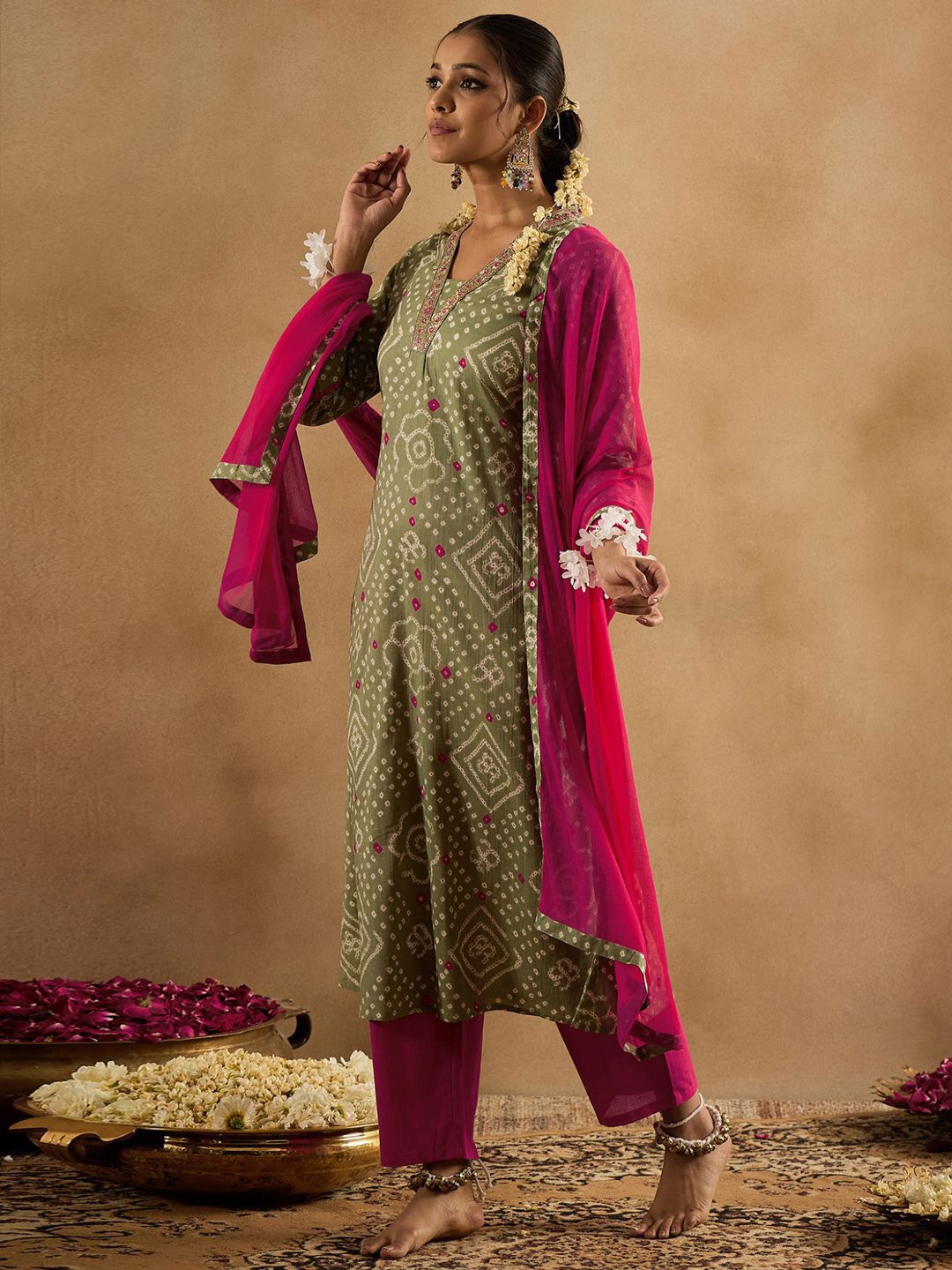 Indo Era Bandhani Printed Pure Cotton Kurta With Trousers & Dupatta