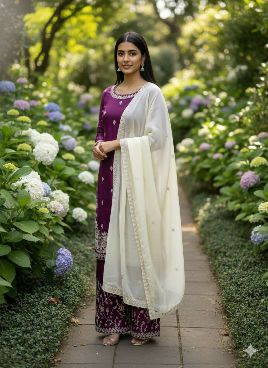 Teeya Creation Wine Color Gymmi Silk Embroidery Work Wedding Wear Sharara Set