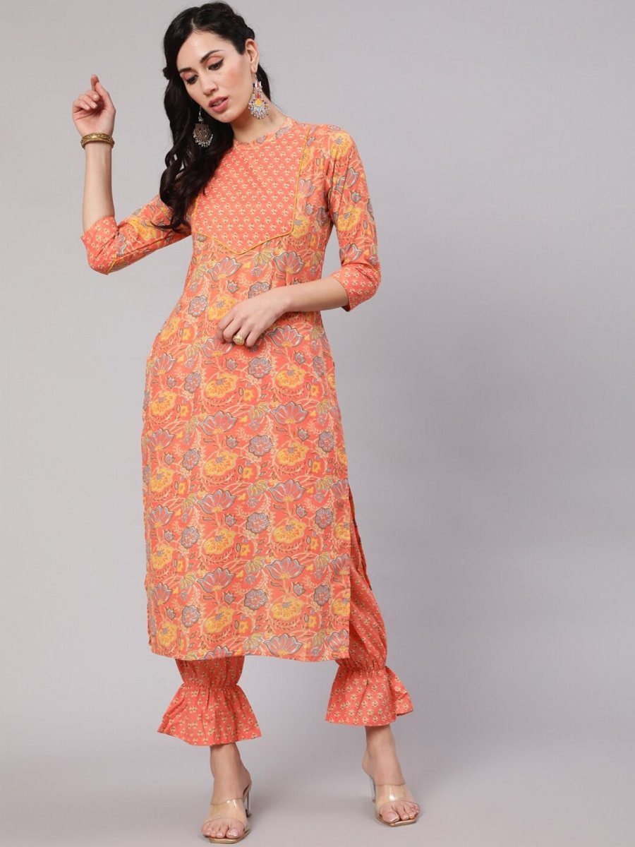 Aks Floral Printed Round Neck Pure Cotton Kurta with Trousers - Distacart