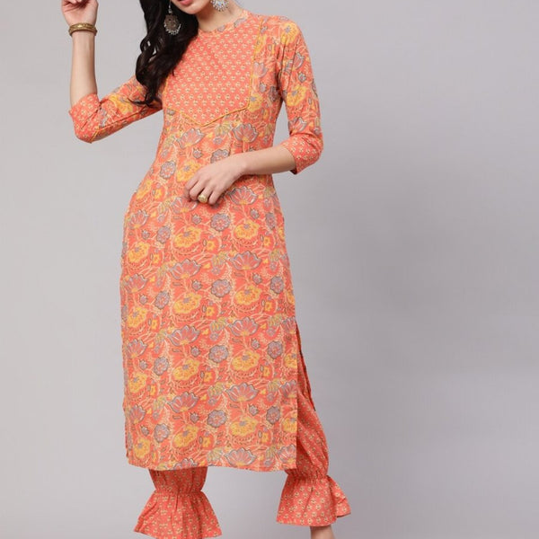Aks Floral Printed Round Neck Pure Cotton Kurta with Trousers - Distacart