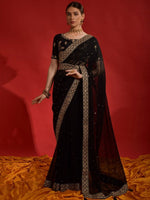 Thumbnail for Anouk Black & Gold-Toned Floral Embroidered Pure Georgette Saree - Distacart