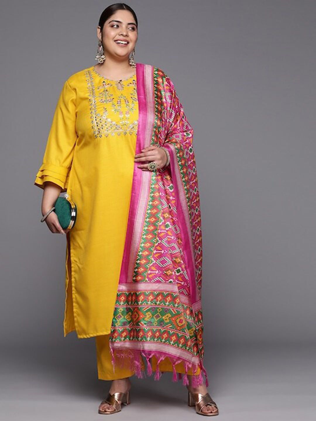 Sztori Plus Size Yoke Design Pure Cotton Kurta With Trousers & Dupatta - Distacart